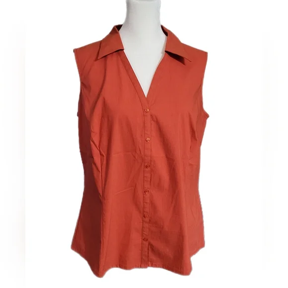 St John's Bay sleeveless button front, collared darted, burnt orange blouse Sz M - Picture 2 of 8